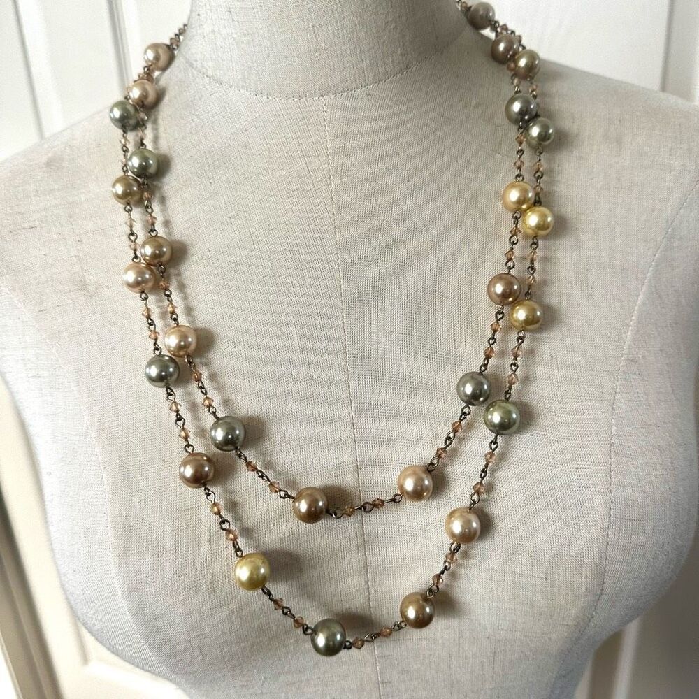 Green crystal faux pearl long necklace